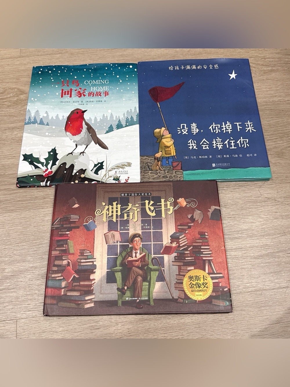 Chinese kid books 儿童精装绘本3册：神奇飞书、没事你掉下来我会接住你、小鸟回家的故事